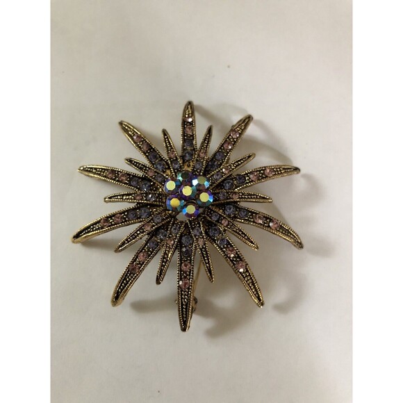Vintage Goldtone Rainbow Aurora Borealis Star Burst Brooch Pin 2.5" - Picture 1 of 6